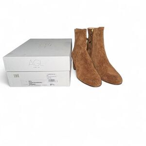 AGL Attilio Giusti Leombruni Veta Suede Ankle Boots 37.5 Cognac Brown Block Heel